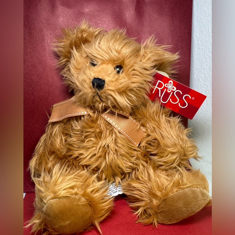 Russ Berrie Gregory teddy bear plush 6 inches tall fuzzy tan fur and a ribbon